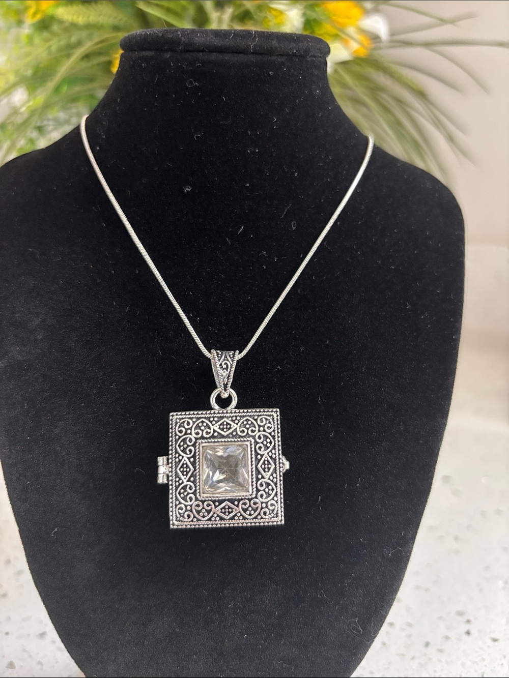 Sterling Silver Square White Topaz Locket/Poison Pendant Necklace